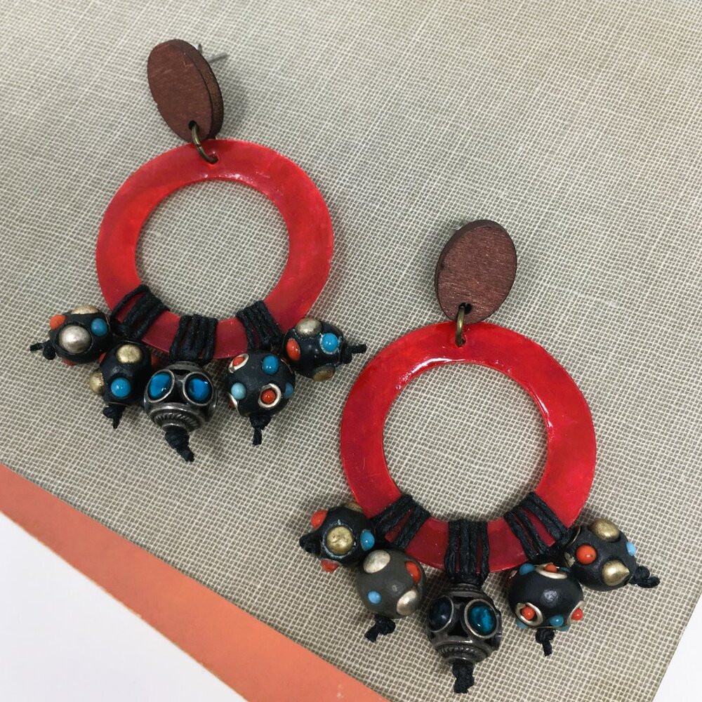 Round Hoop Red Shell Linen Wrapped Kashmiri Multi Bead Drop Wood Oval Earrings